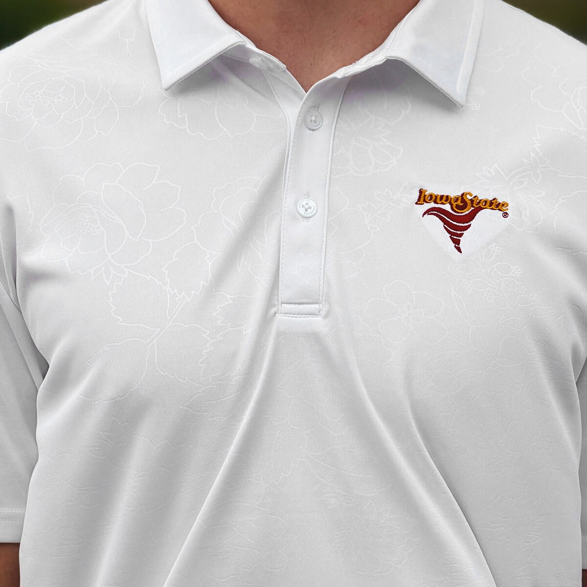 Swannies Iowa State Swirl White Ehrman Polo logo and pattern close up